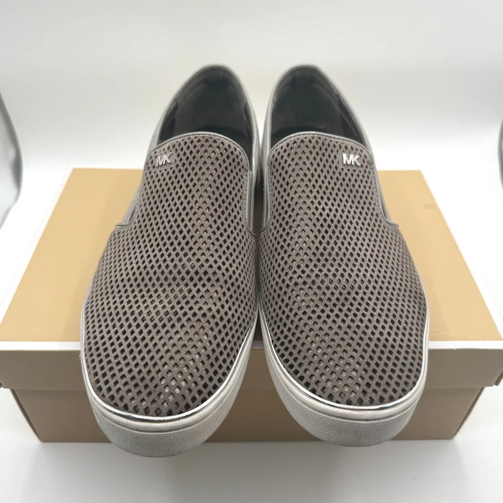 Michael Kors Slip On Sneakers Women 11 Taupe Gray Perforated Patent Leather Flat